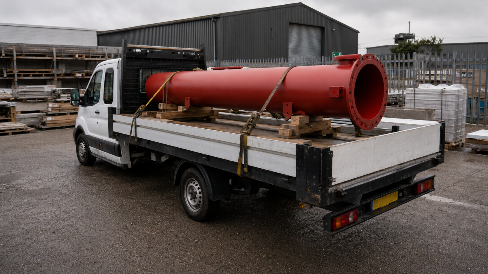Large awkward red pipe secured on a specialist courier vehicle