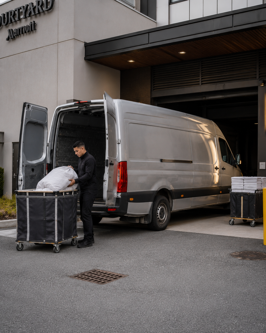 Courier van at a commercial loading entrance with trolleyed items