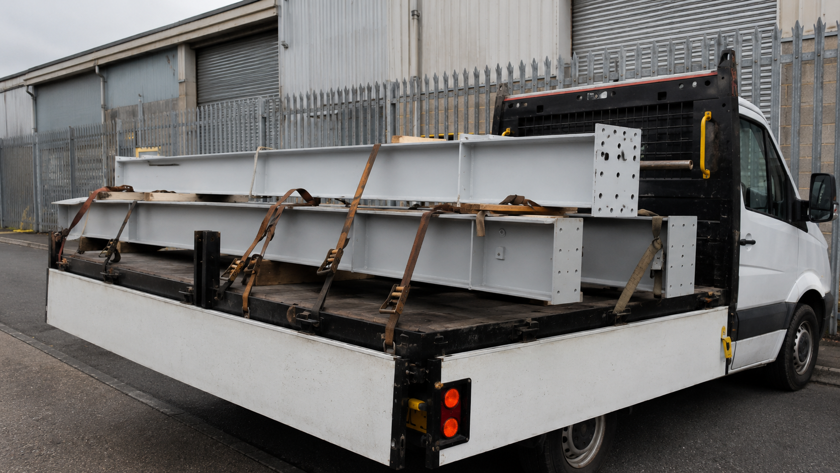 Long steel engineering parts strapped safely on a flatbed van