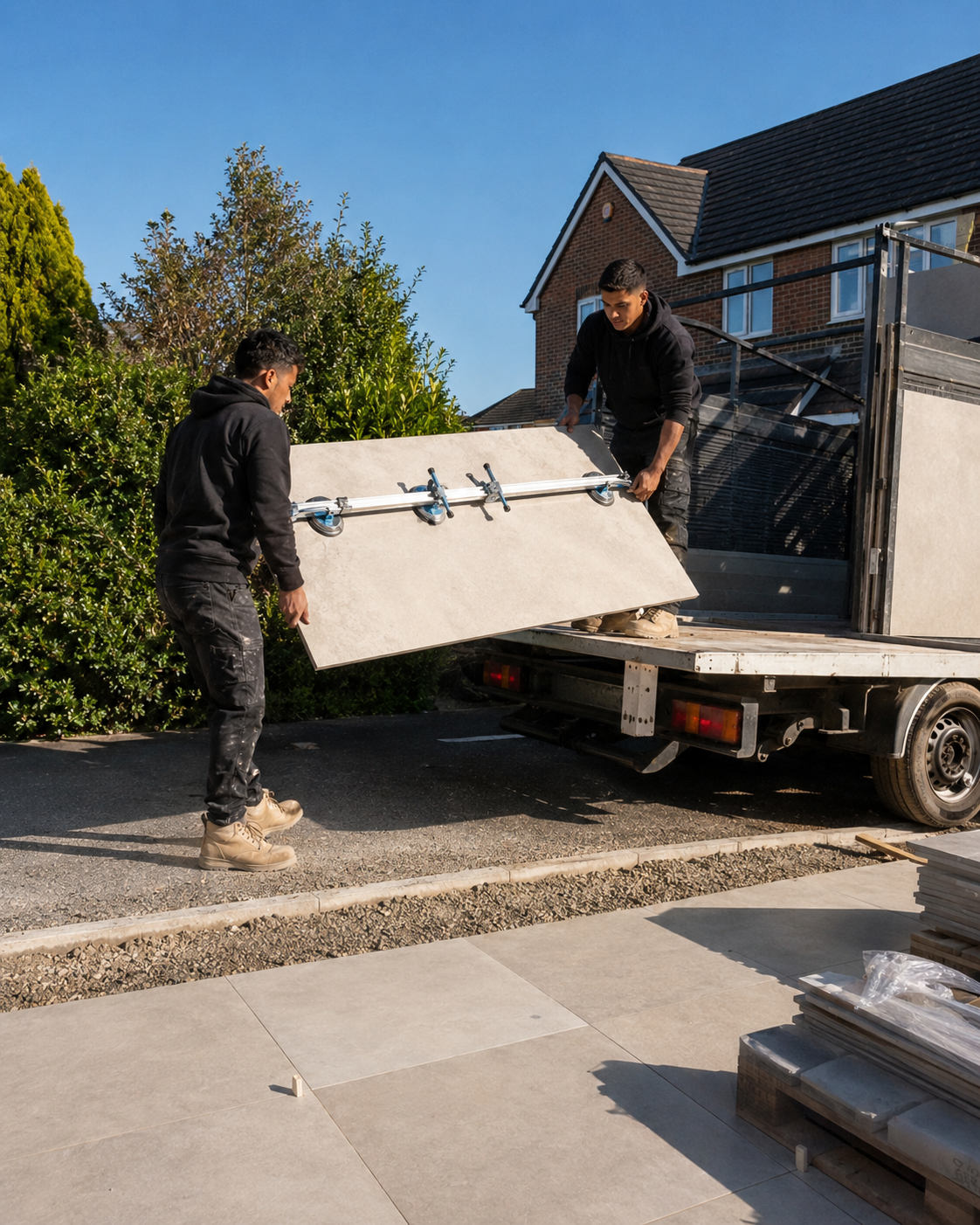 Two people carefully unloading a large format stone slab from a van